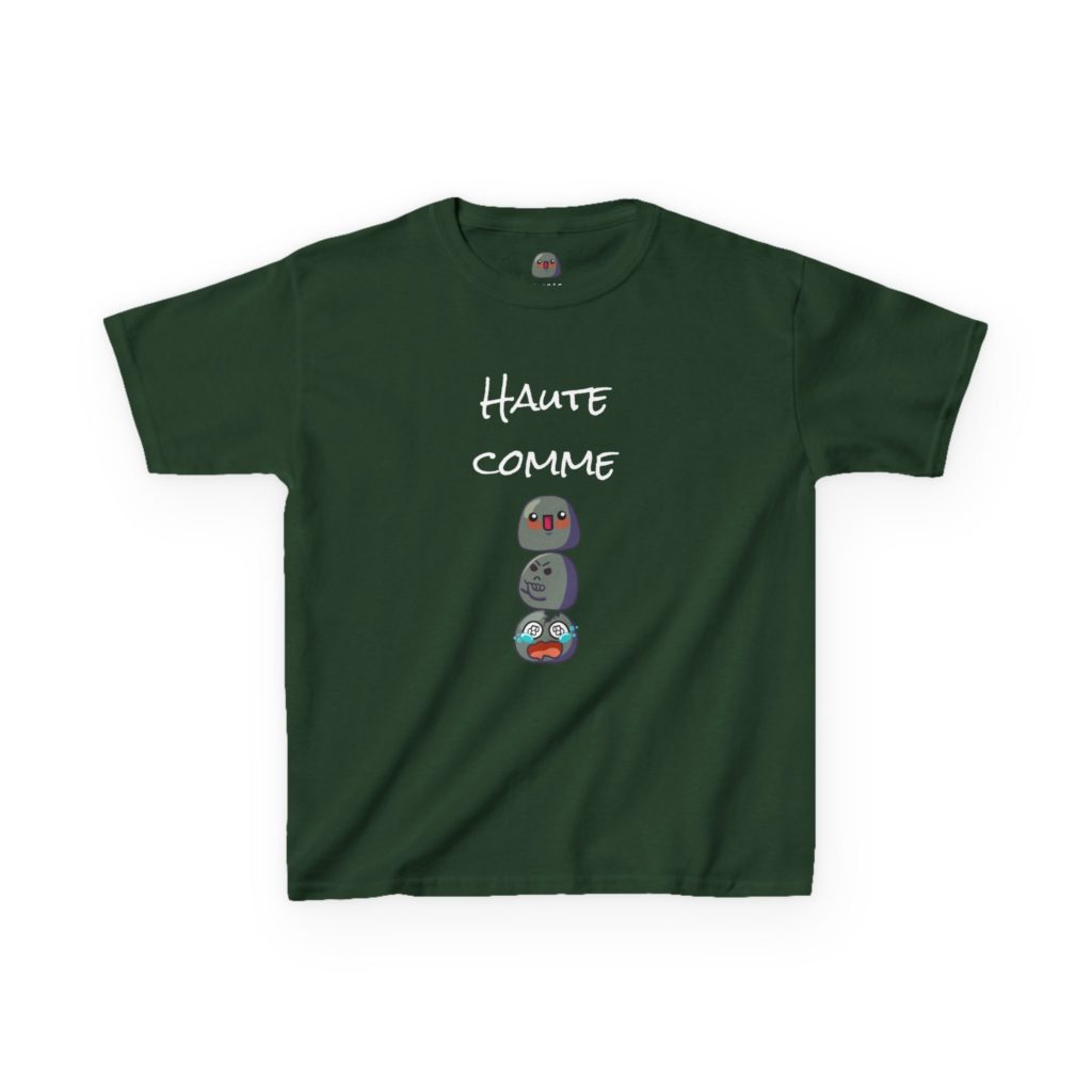 T-shirt enfant vert "Haute comme 3 Kyous" avec trois Kyous empilés