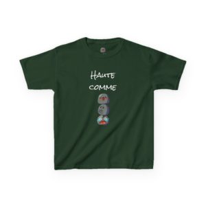 T-shirt enfant vert "Haute comme 3 Kyous" avec trois Kyous empilés