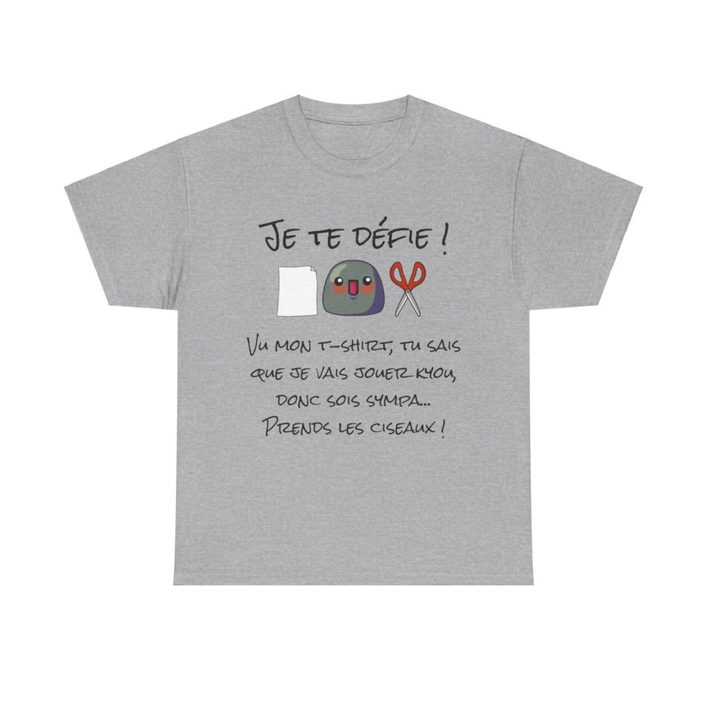 T-shirt humoristique Chifoumi revisité avec un Kyou, une feuille et des ciseaux