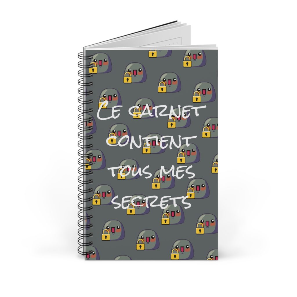 Carnet humoristique "Ce carnet contient tous mes secrets" avec pattern de Kyous et cadenas.