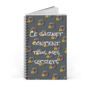 Carnet humoristique "Ce carnet contient tous mes secrets" avec pattern de Kyous et cadenas.