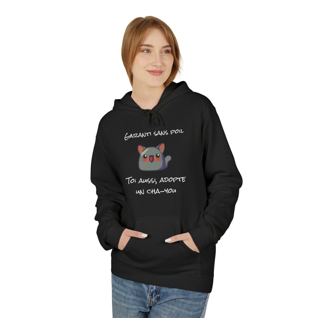 Hoodie "Garanti sans poil – Adopte un Cha-You" avec un petit chat Kyou adorable