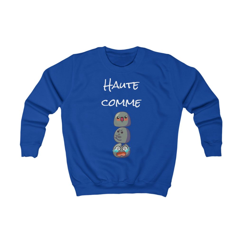 Sweatshirt enfant bleu "Haute comme 3 Kyous" avec trois Kyous empilés