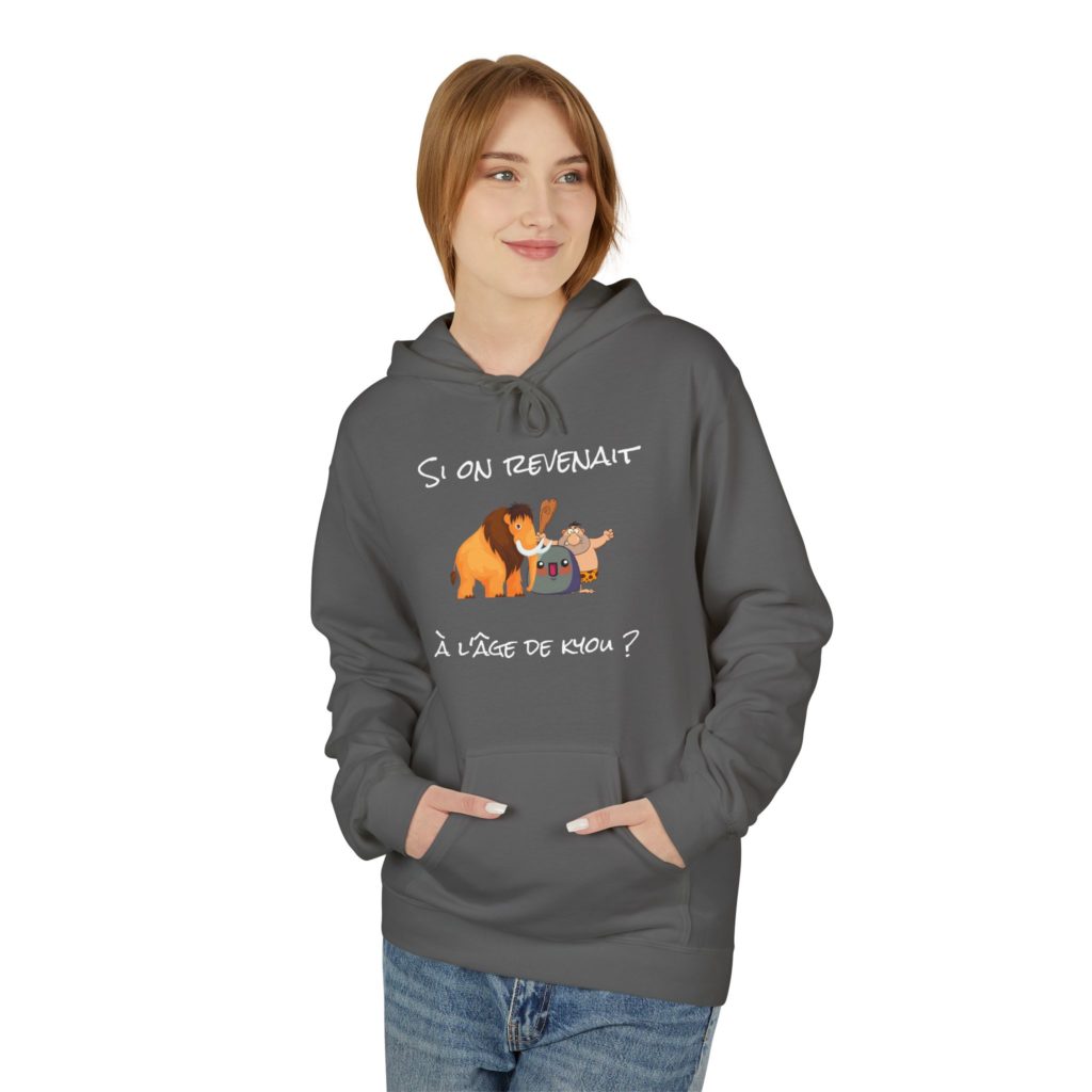 Hoodie humoristique avec homme des cavernes, mammouth et Kyou, référence à la Préhistoire