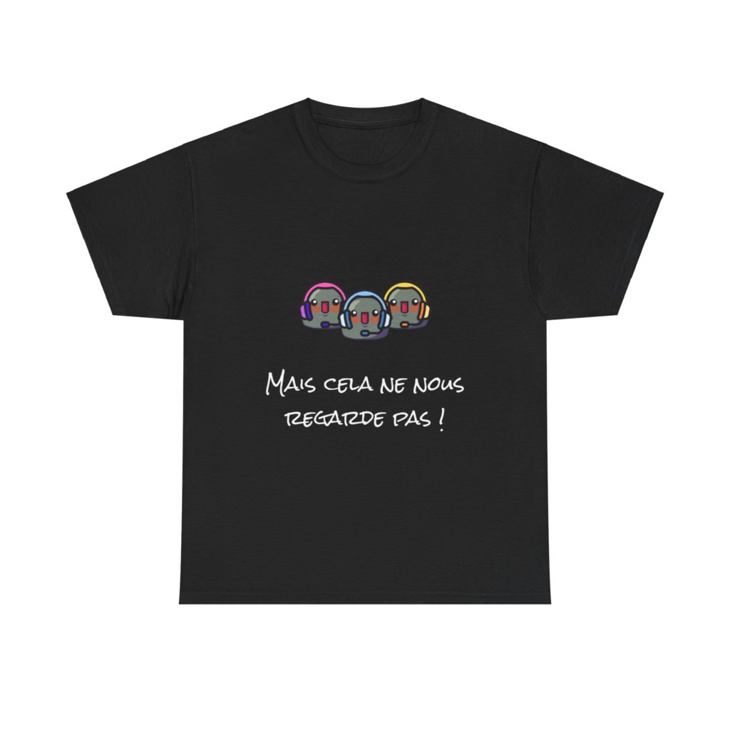 T-shirt noir "Mais cela ne nous regarde pas !" avec trois Kyous journalistes, référence aux Inconnus.