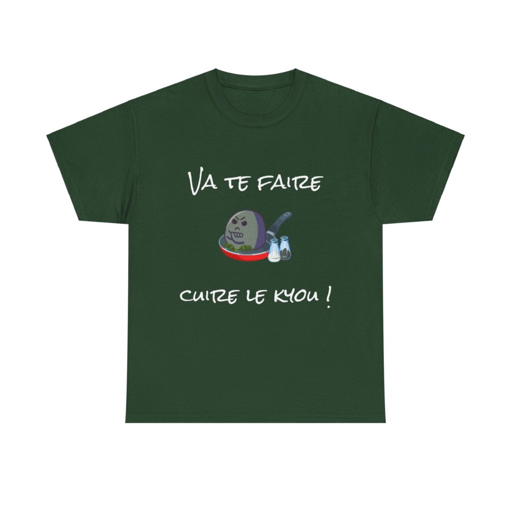 T-shirt "Va te faire cuire le Kyou !" avec un Kyou râleur dans une poêle, design humoristique