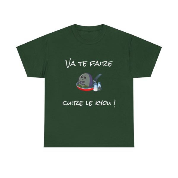 T-shirt "Va te faire cuire le Kyou !" avec un Kyou râleur dans une poêle, design humoristique