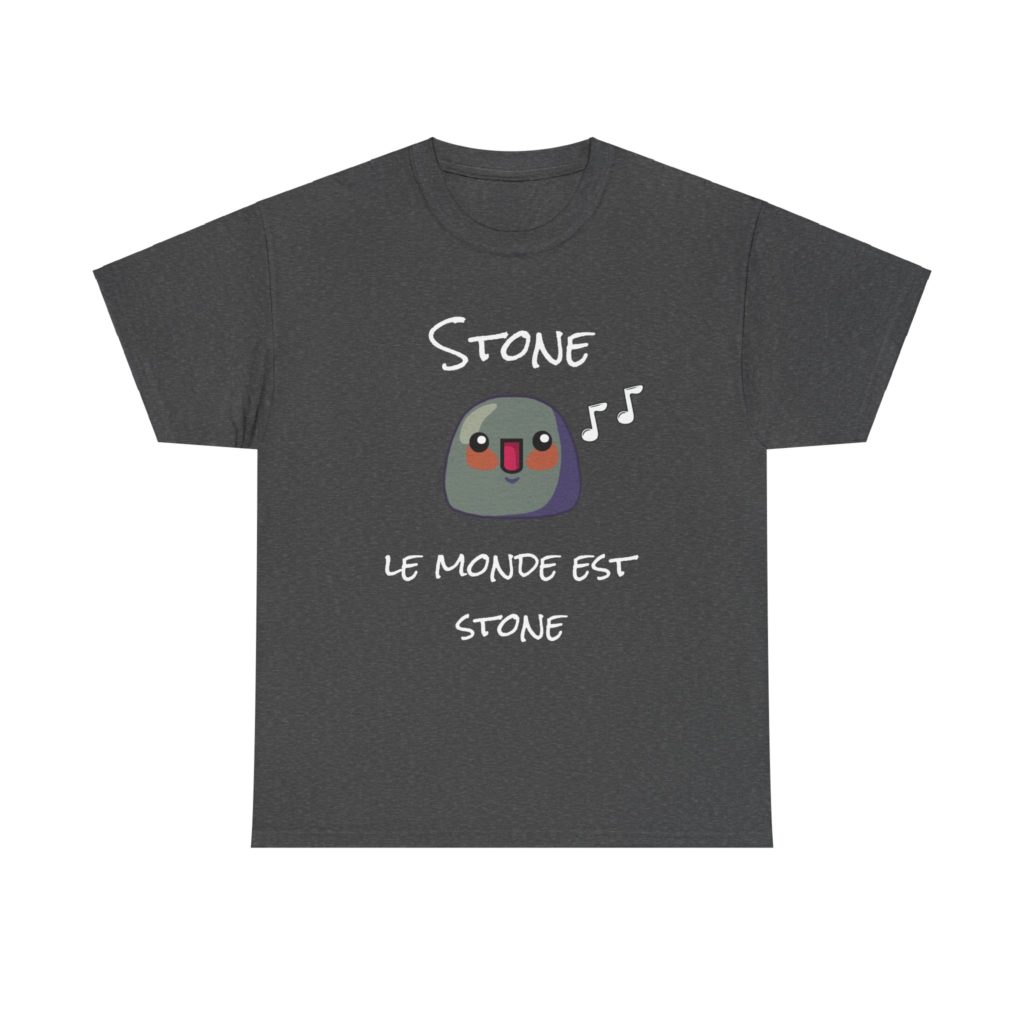 T-shirt "Stone, le monde est stone" avec un Kyou et des notes de musique, hommage à Starmania