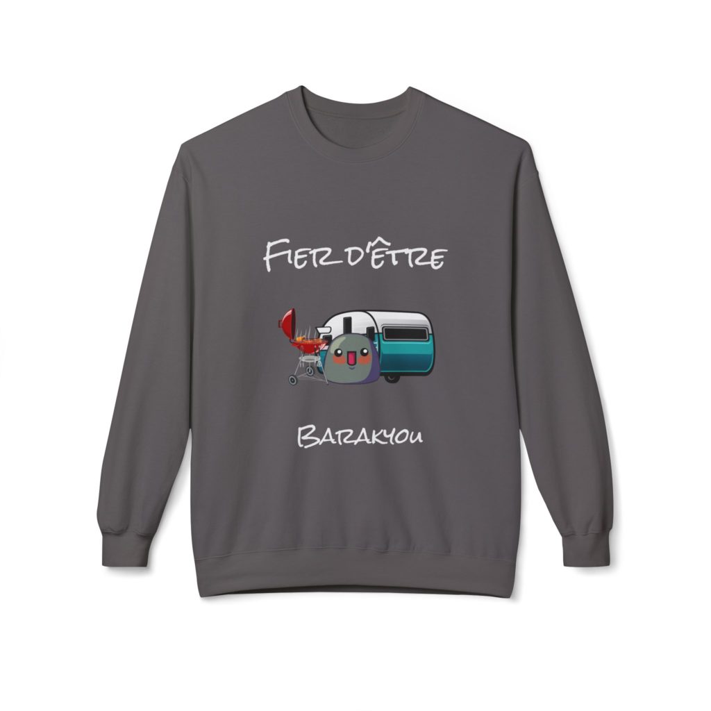 Sweat humoristique Barakyou avec Kyou devant un barbecue et une caravaneSweat humoristique Barakyou avec Kyou devant un barbecue et une caravane