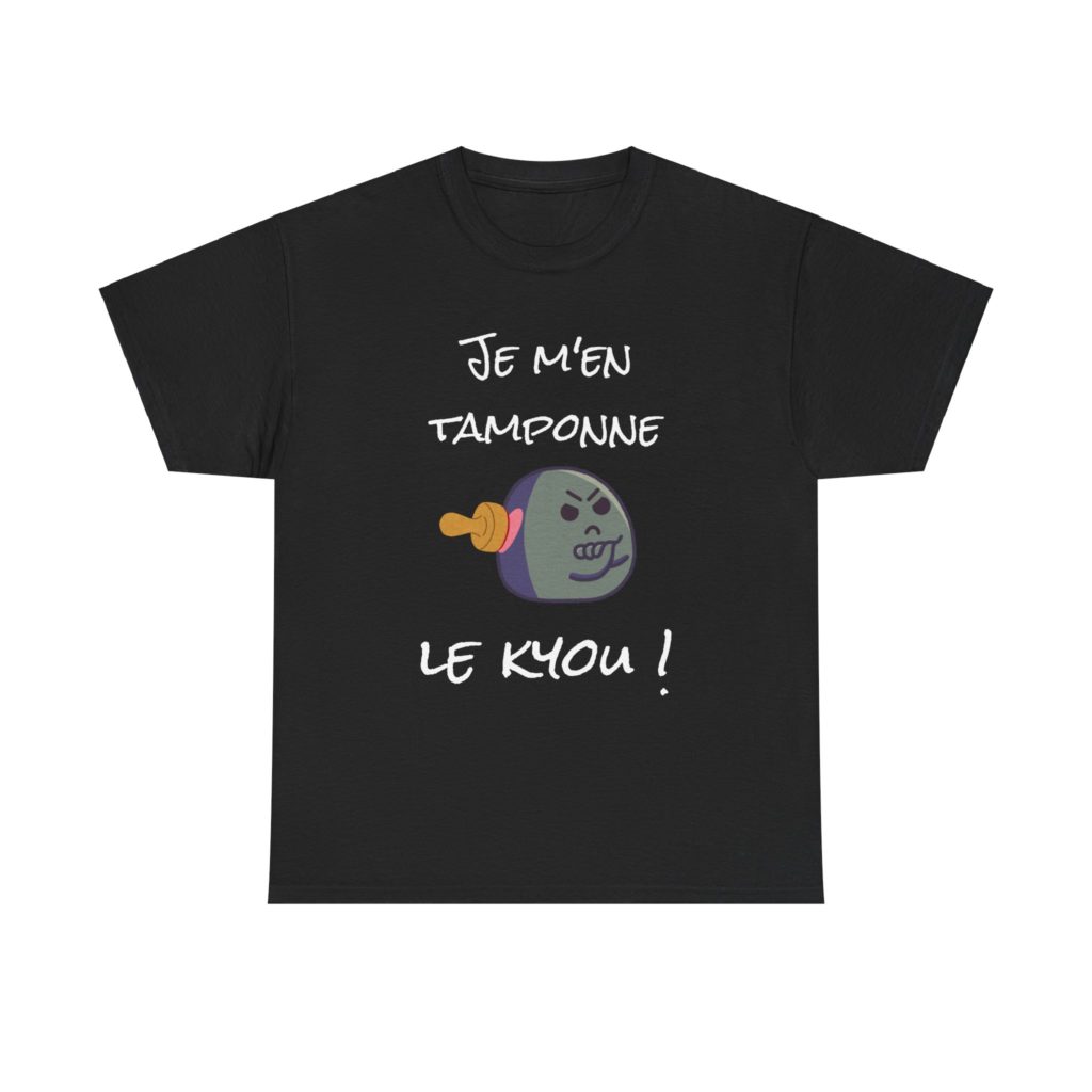 T-shirt noir "Je m’en tamponne le kyou !" avec un Kyou boudeur et un énorme tampon encreur, humour et expression revisitée.