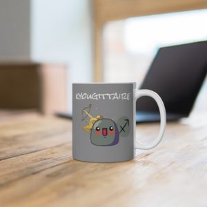 Mug astrologique "Kyougittaire" avec un Kyou archer et symbole du Sagittaire