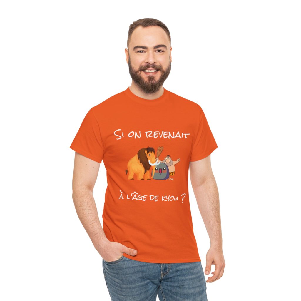 T-shirt humoristique avec homme des cavernes, mammouth et Kyou, référence à la Préhistoire