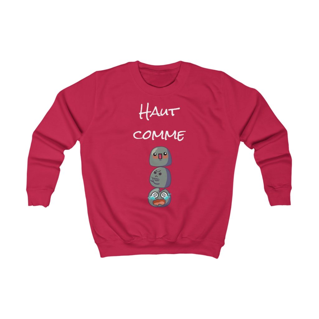 Sweatshirt enfant rouge "Haut comme 3 Kyous" avec trois Kyous empilés