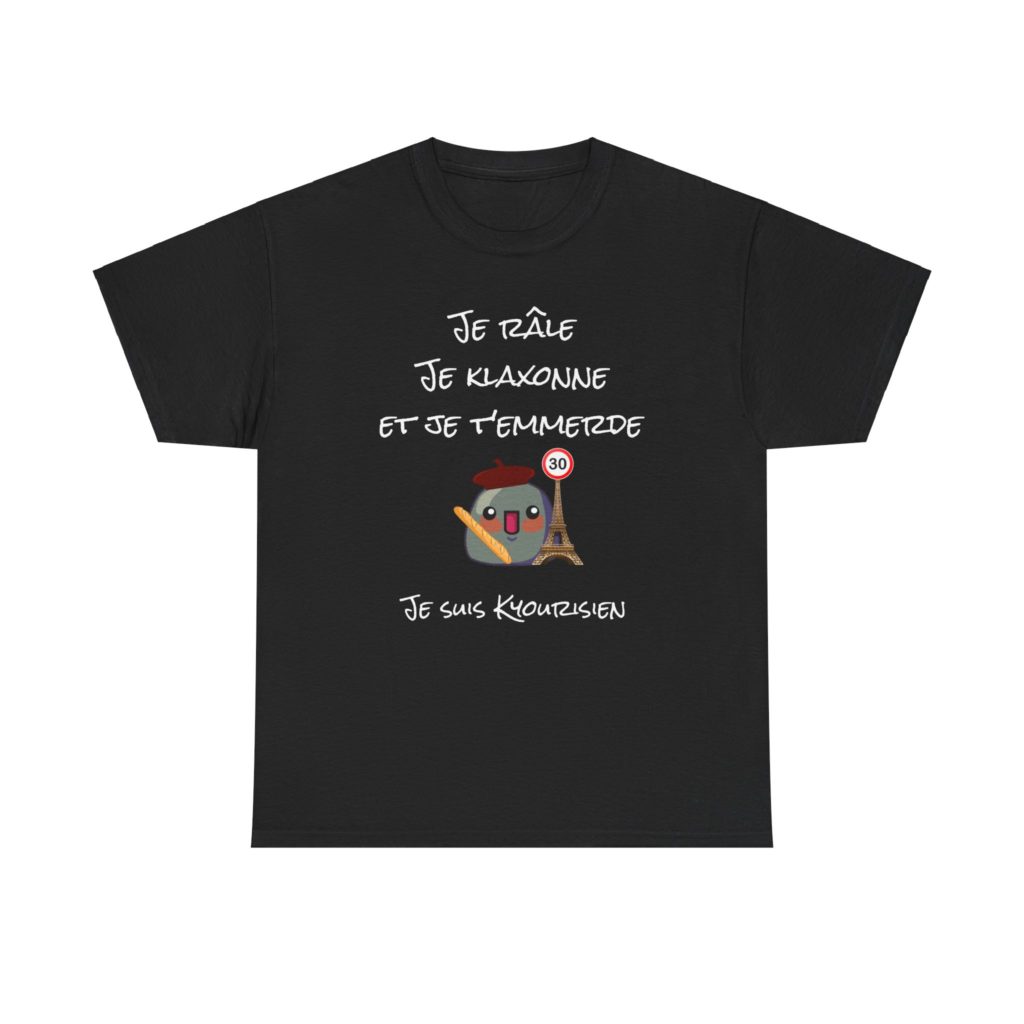 T-Shirt humoristique Parisien Kyourisien avec béret, baguette et Tour Eiffel