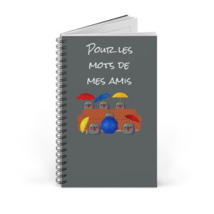 Carnet à spirale avec des Kyous sous des parapluies et l'inscription "Pour les mots de mes amis"