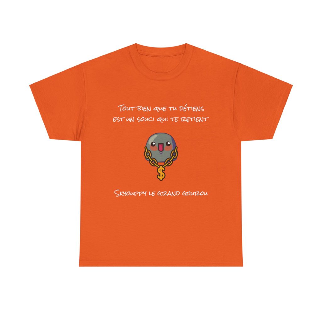 T-shirt orange "Skyouppy le grand gourou" avec un Kyou bling-bling et une citation culte