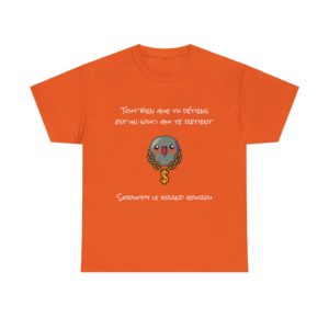 T-shirt orange "Skyouppy le grand gourou" avec un Kyou bling-bling et une citation culte