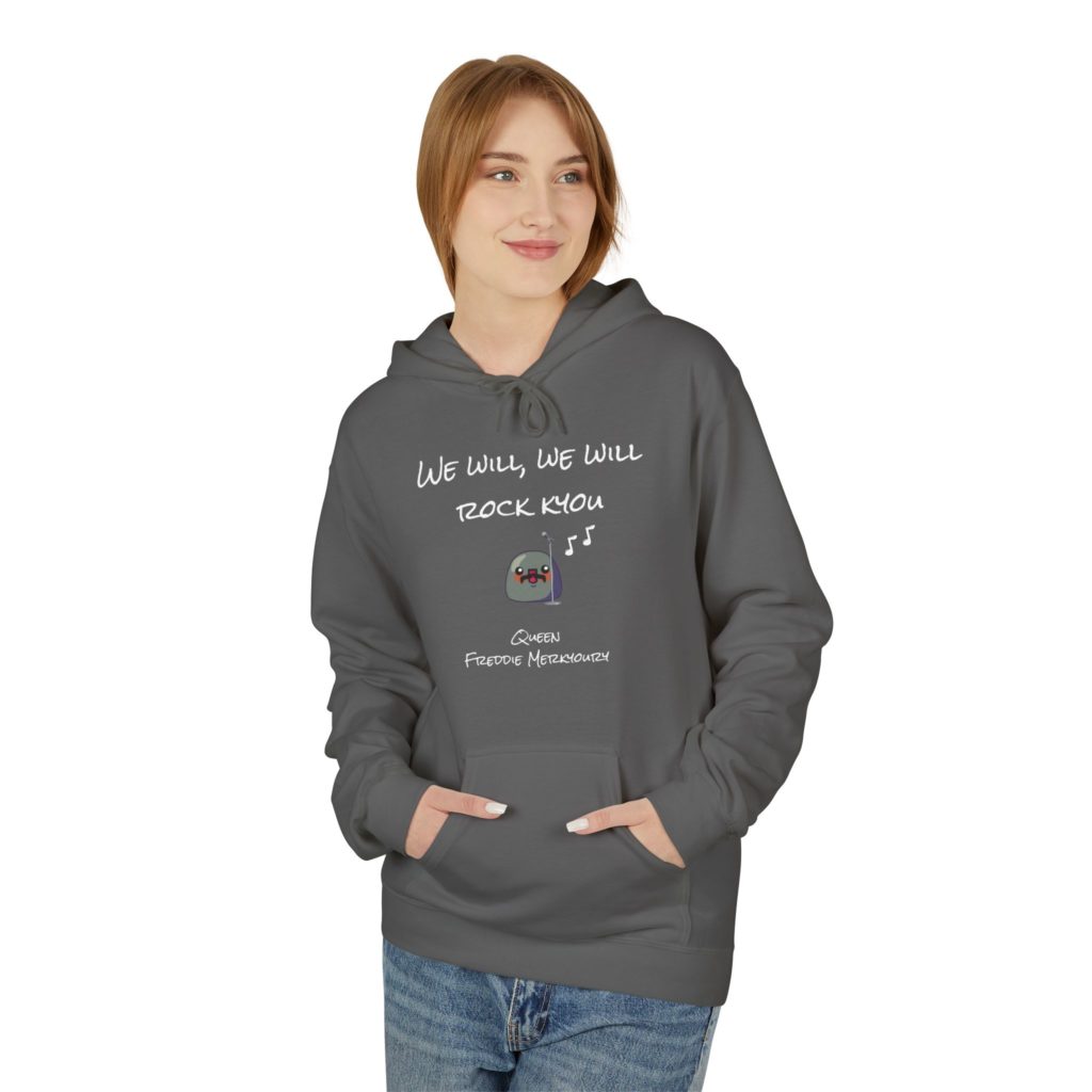 Hoodie humoristique inspiré de Queen et Freddie Mercury, avec le message "We Will Rock Kyou"