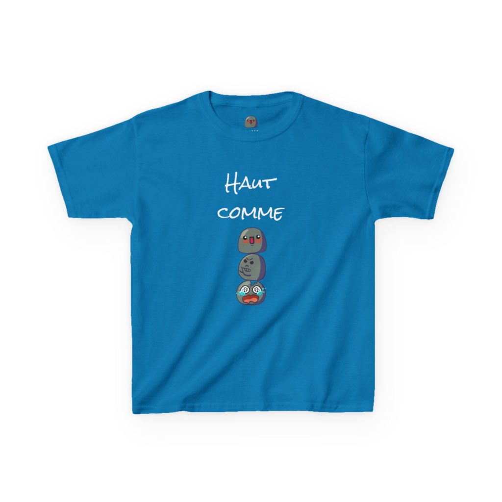 T-shirt enfant bleu "Haut comme 3 Kyous" avec trois Kyous empilés
