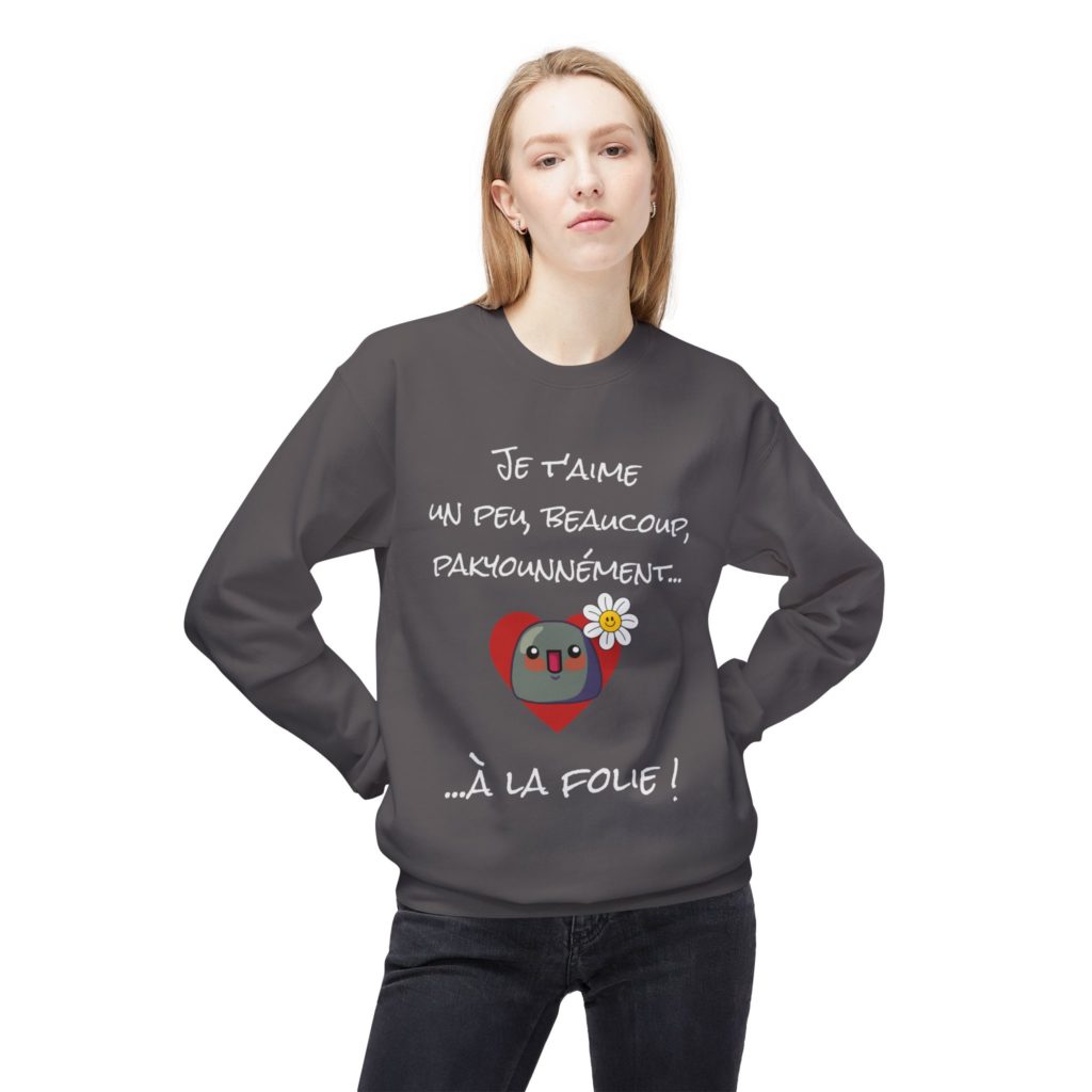Sweatshirt "Je t’aime un peu, beaucoup, pakyounnément…" avec un Kyou effeuillant une marguerite
