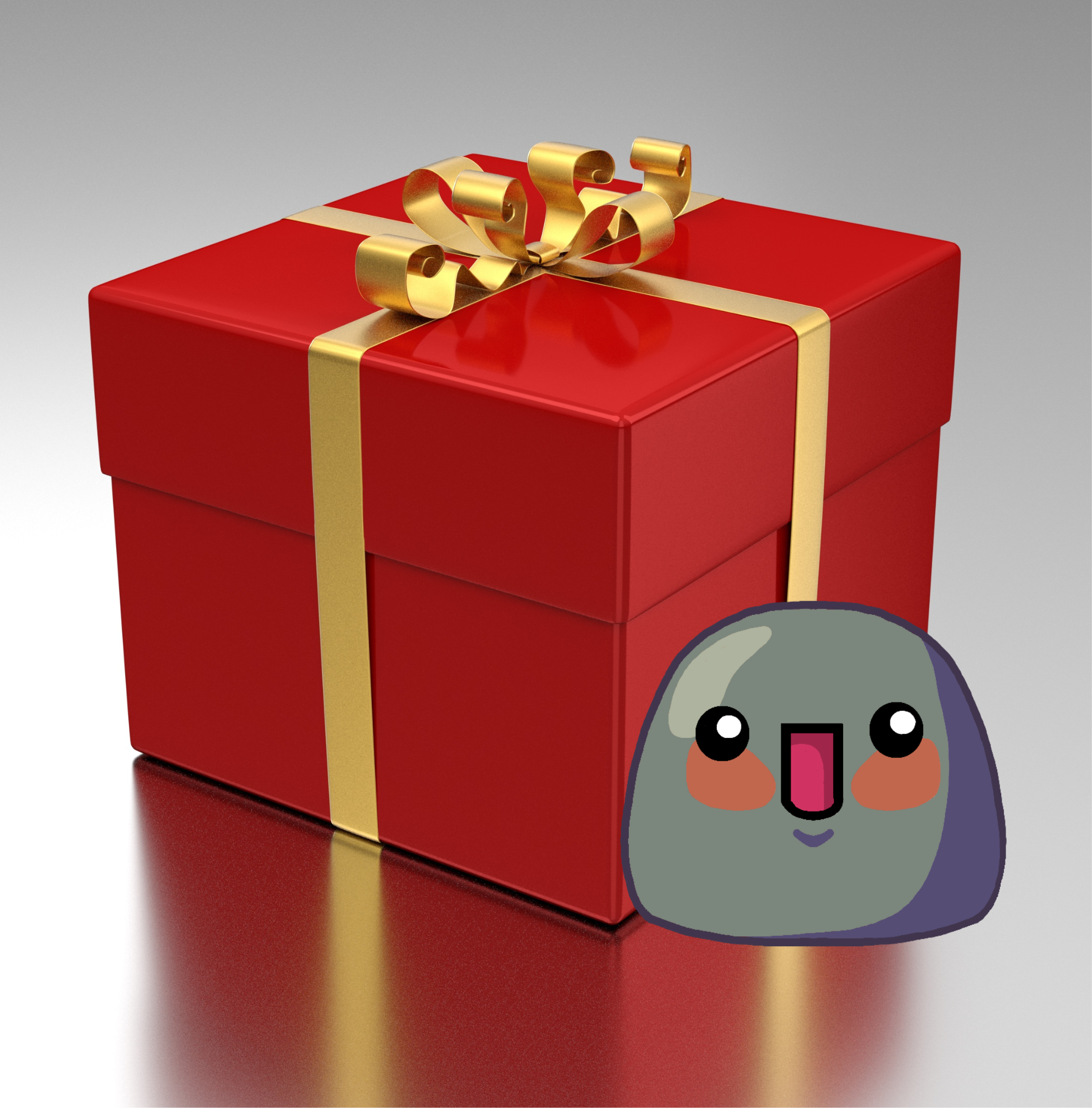 un paquet cadeau rouge avec ruban doré et un kyou devant